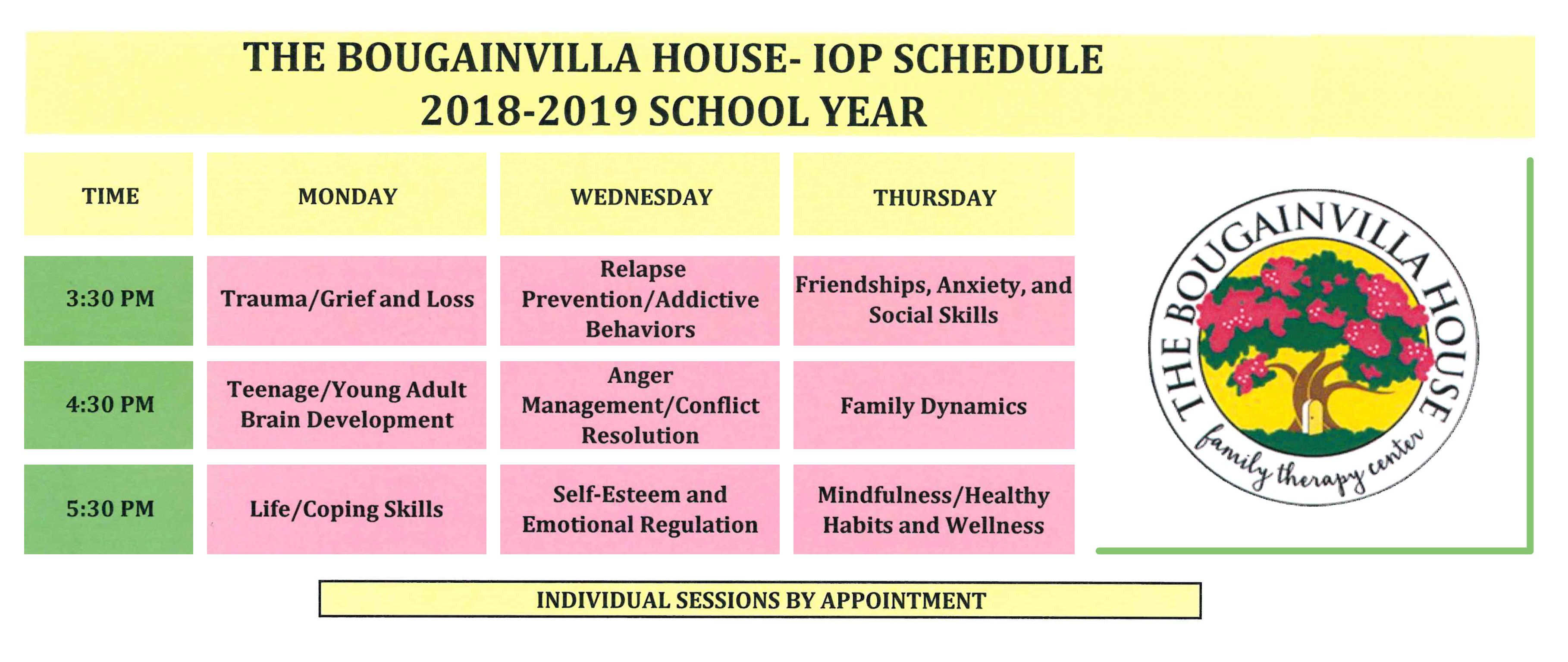 The Bougainvilla House Group Therapy Schedule 2018-2019